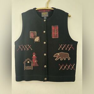 Woolrich Wool Button Front Vest Bear Tree Embroidery Black Women’s L
